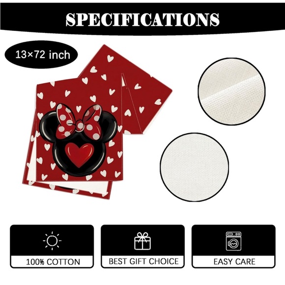 New 13x72 Table Runner Disney Minnie Mouse Valentines Day Fabric Mantel Scarf - Picture 3 of 4